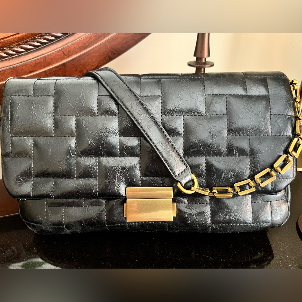 ZARA Black and Gold Quilted Clutch/shoulder bag with brass chain